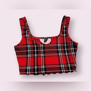 SHEIN / ROMWE Notch Neck Lettuce Trim Red Plaid Crop Tank Top | Size: S